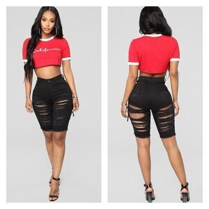 NWT Fashion Nova Double Sided Distressed Torn Bermuda Length Black Shorts Medium